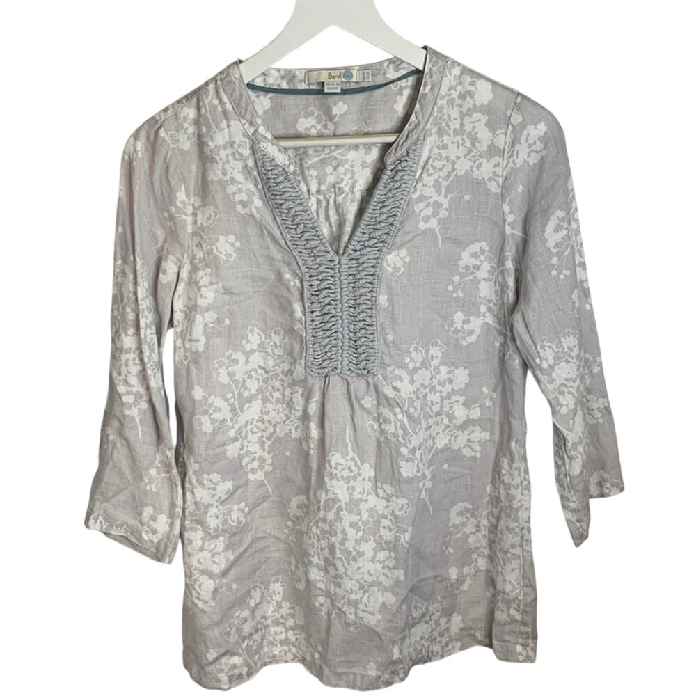 BODEN Gray Floral 100% Linen 3/4 Sleeve Top Blouse W-518 Size 6